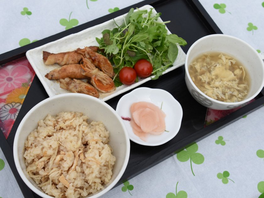 越前しょうがをたっぷり使った料理(ご飯、スープ、肉巻き、甘酢漬け)