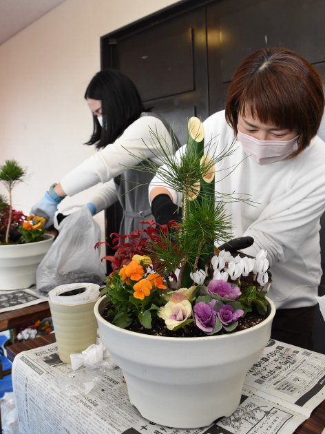 紅白のハボタンや竹などを好きなように配置し、寄せ植えを楽しむフレミズ会員ら