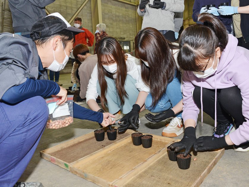 JA福井基幹支店園芸振興課の担当者(写真=左)から手ほどきを受けながらラッカセイの播種に挑戦する福井専門学校の生徒達
